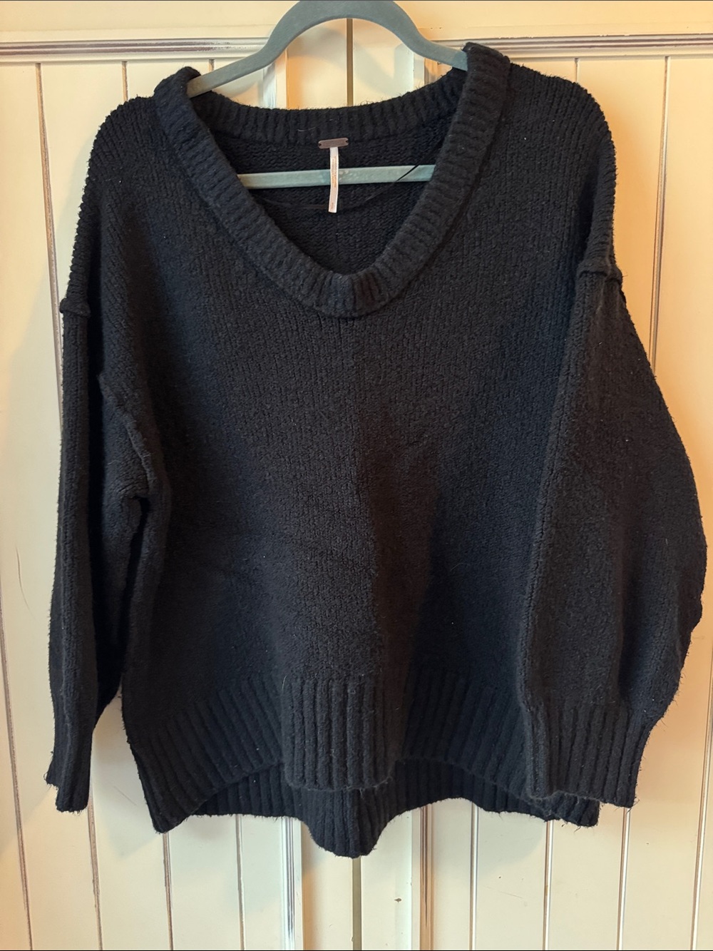 Free People Oversized Black V-Neck Knit Sweater